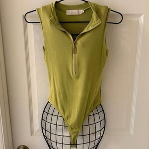 Lizette Collection Chartreuse Green Ribbed Mock Neck Half Zip Bodysuit Medium